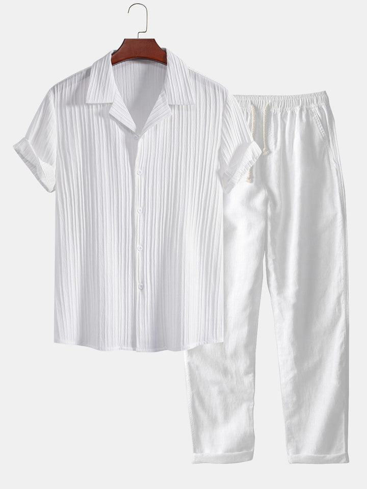 Striped Jacquard Cuban Collar Shirt & Straight Linen Pants