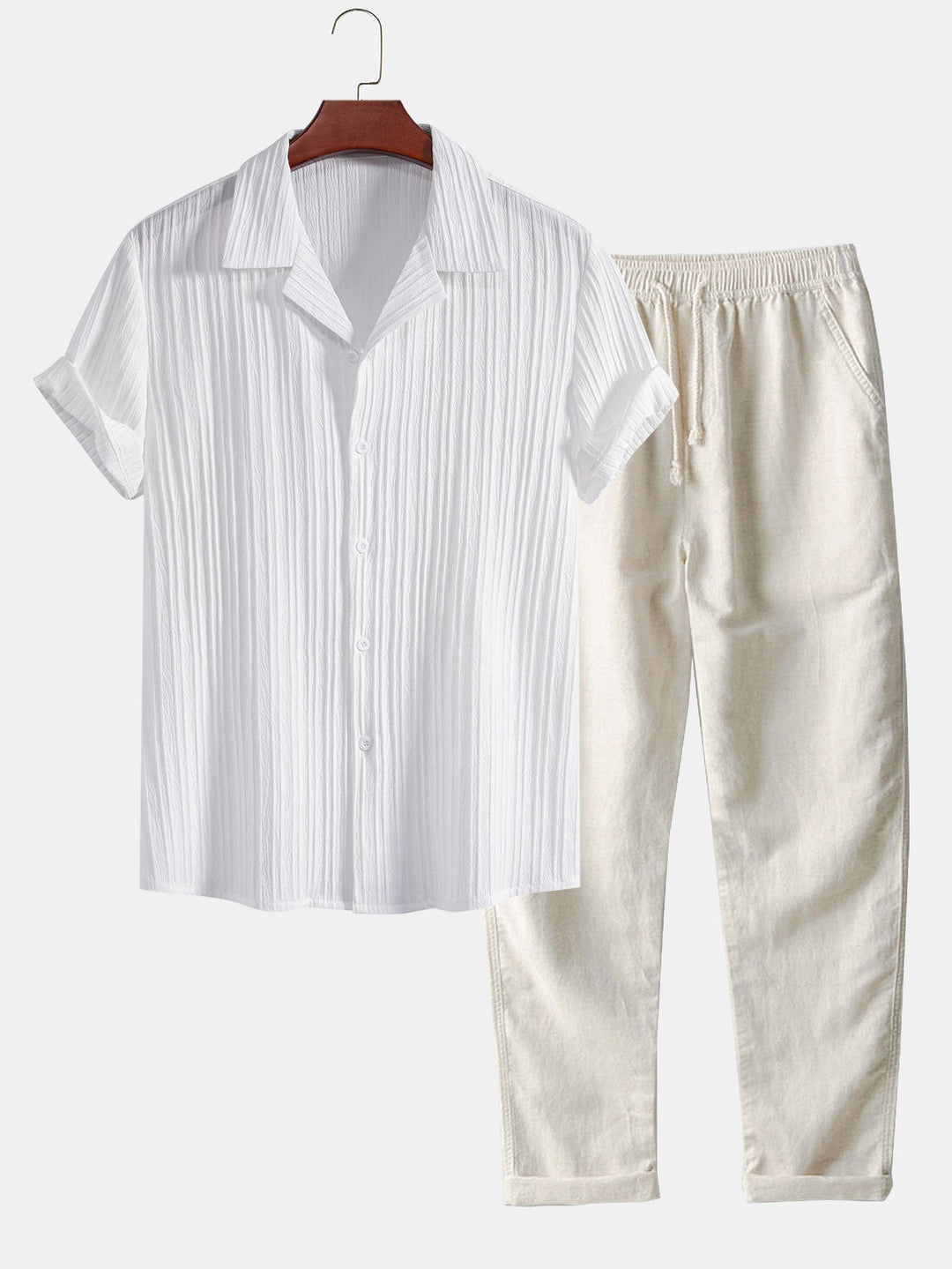 Striped Jacquard Cuban Collar Shirt & Straight Linen Pants
