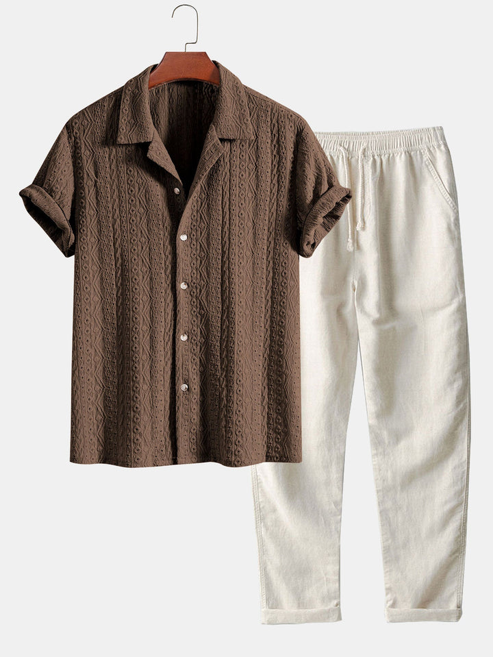 Geometrisch Jacquard Textuur Cubaanse Shirt & Rechte Pijpen Linnen Broek