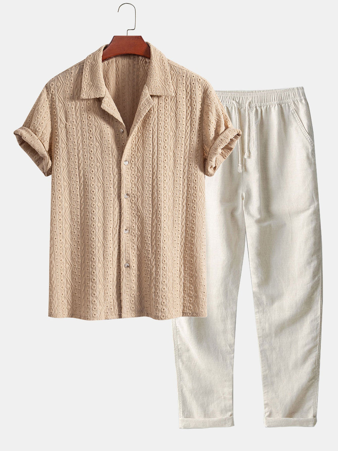 Geometrisch Jacquard Textuur Cubaanse Shirt & Rechte Pijpen Linnen Broek