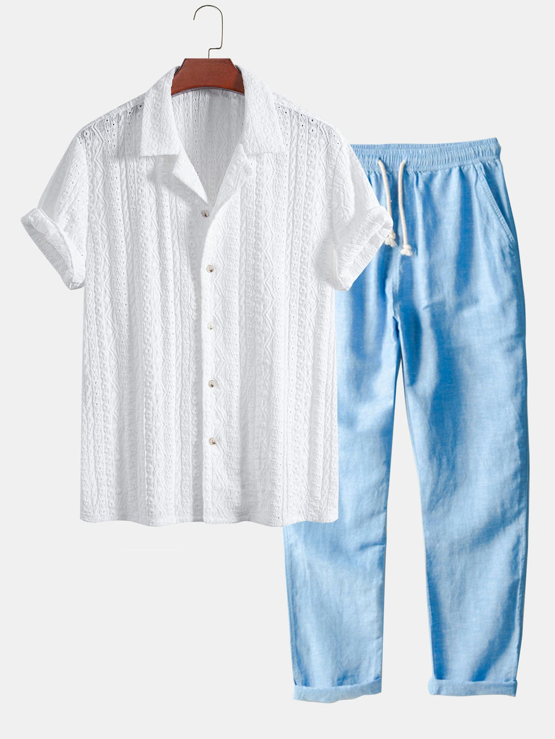 Geometrisch Jacquard Textuur Cubaanse Shirt & Rechte Pijpen Linnen Broek