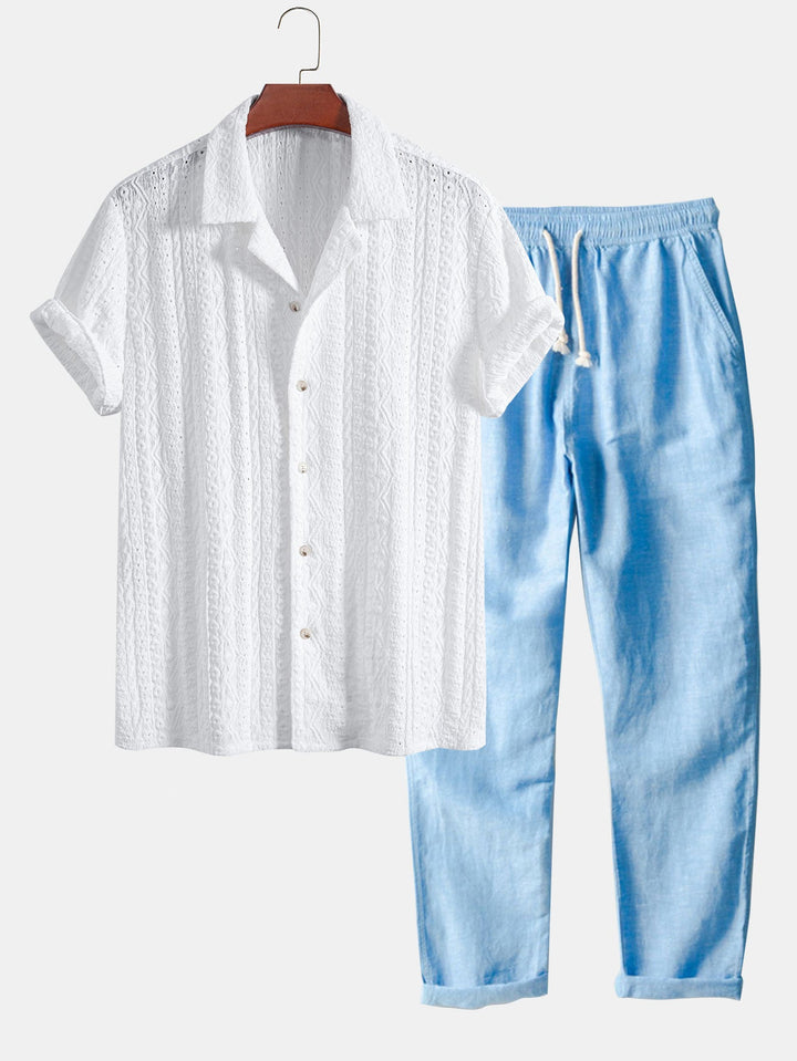 Geometrisch Jacquard Textuur Cubaanse Shirt & Rechte Pijpen Linnen Broek