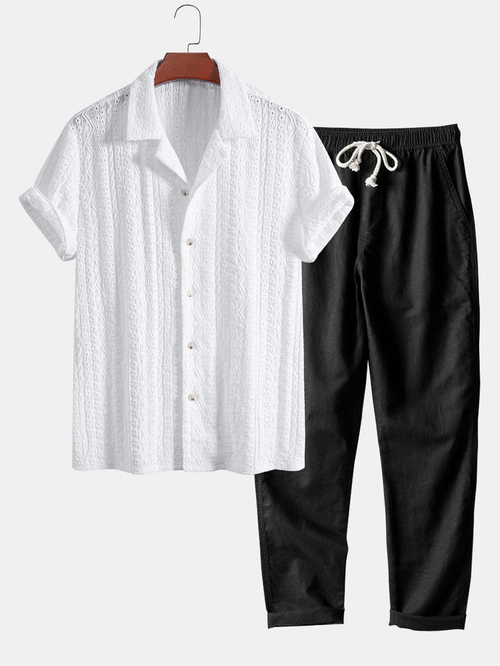 Geometrisch Jacquard Textuur Cubaanse Shirt & Rechte Pijpen Linnen Broek