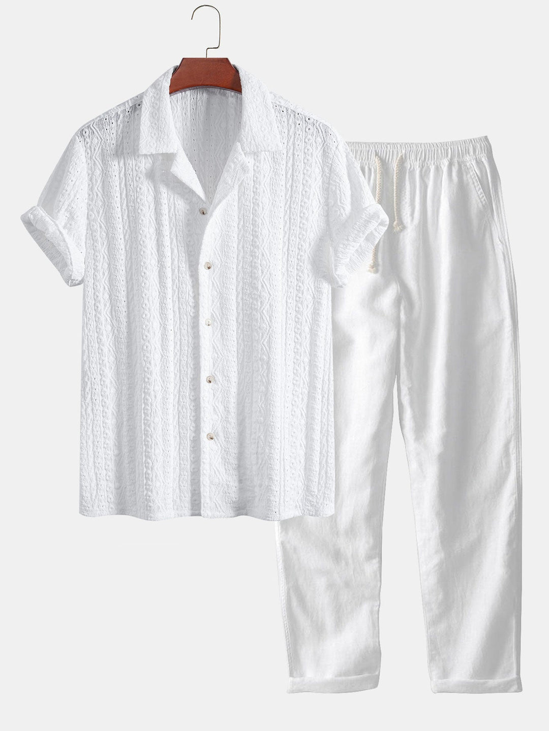 Geometrisch Jacquard Textuur Cubaanse Shirt & Rechte Pijpen Linnen Broek