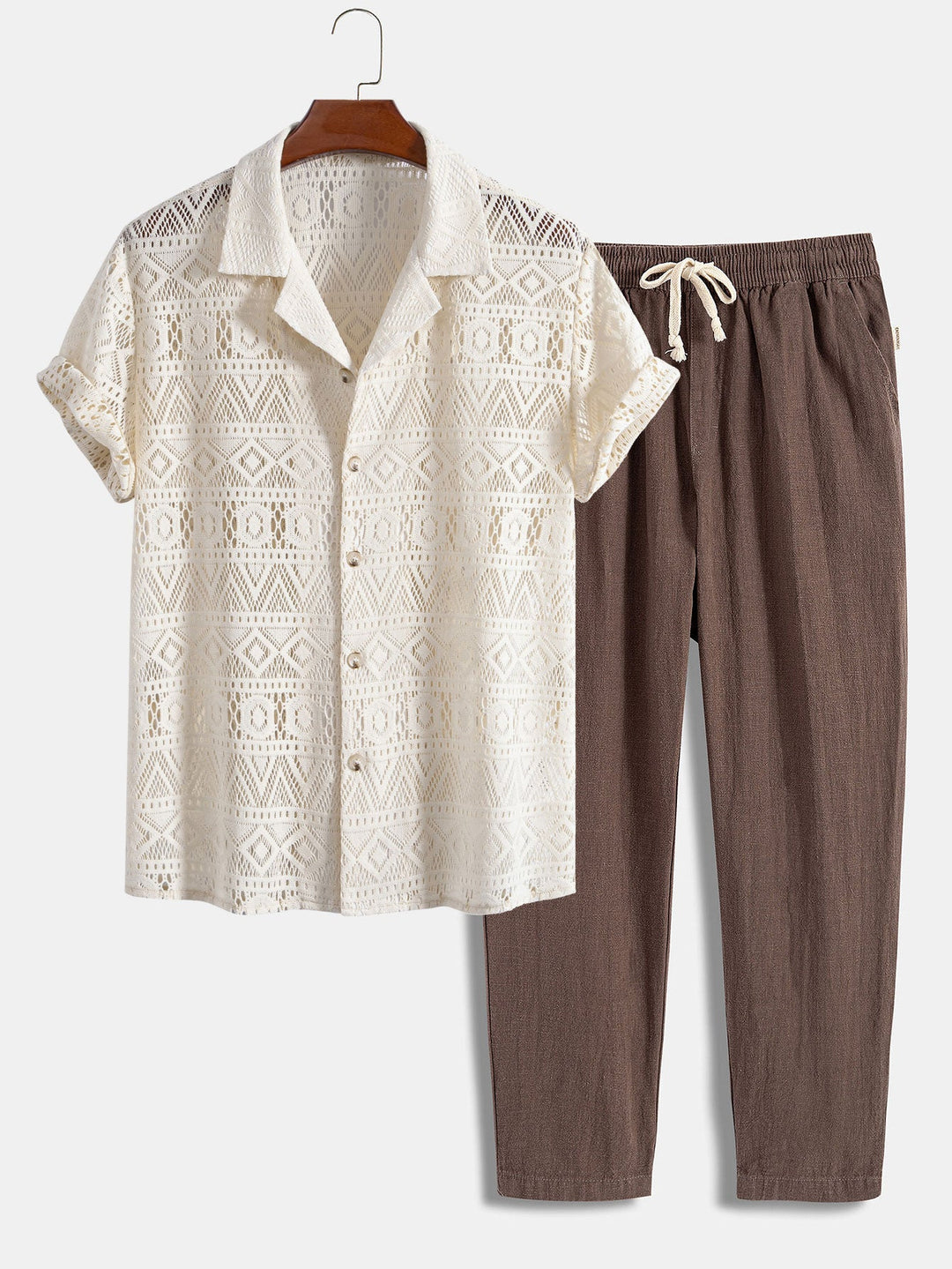 Korte Mouwen Geometrisch Textuur Cuban Shirt & Linnen Katoen Gemengde Cropped Broek