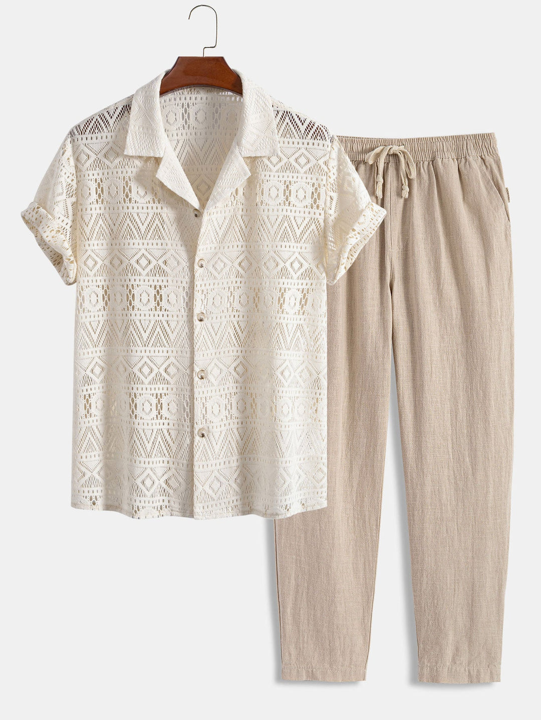 Korte Mouwen Geometrisch Textuur Cuban Shirt & Linnen Katoen Gemengde Cropped Broek