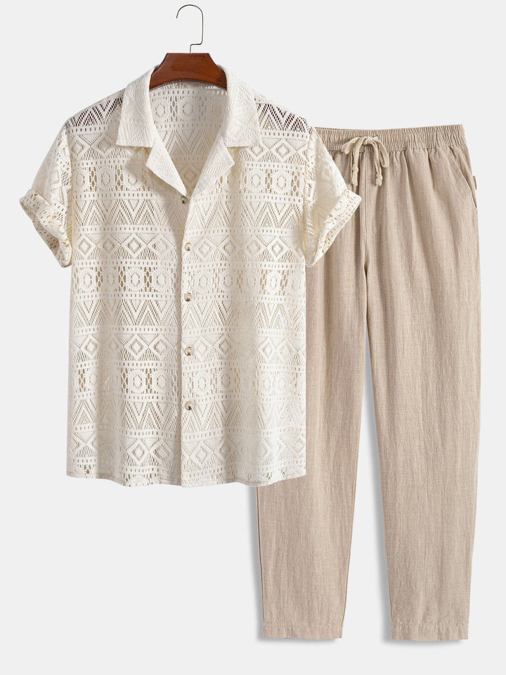 Korte Mouwen Geometrisch Textuur Cuban Shirt & Linnen Katoen Gemengde Cropped Broek