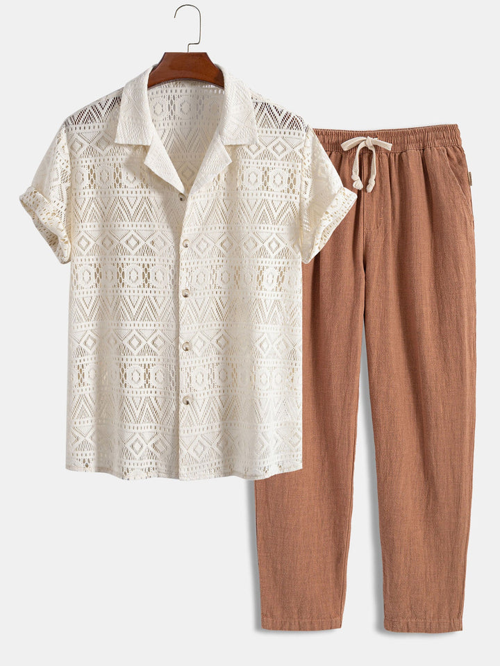 Korte Mouwen Geometrisch Textuur Cuban Shirt & Linnen Katoen Gemengde Cropped Broek