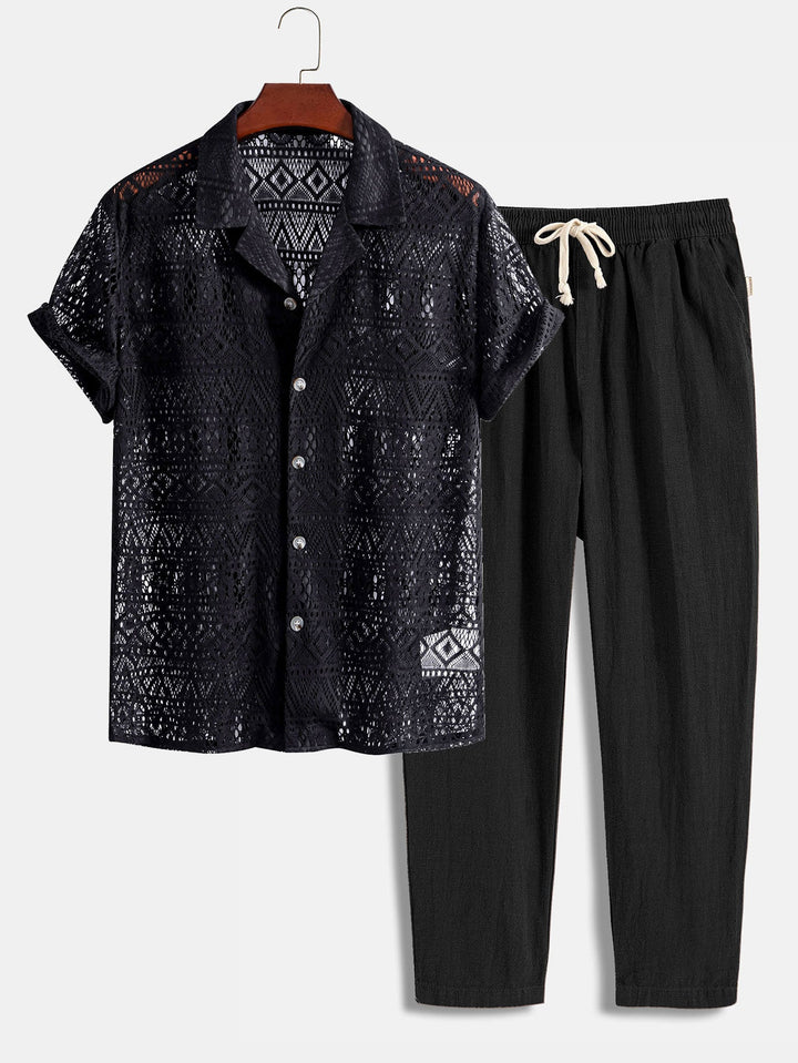 Korte Mouwen Geometrisch Textuur Cuban Shirt & Linnen Katoen Gemengde Cropped Broek