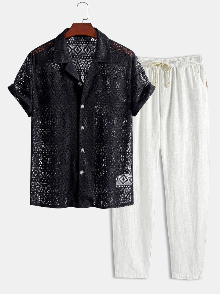 Korte Mouwen Geometrisch Textuur Cuban Shirt & Linnen Katoen Gemengde Cropped Broek