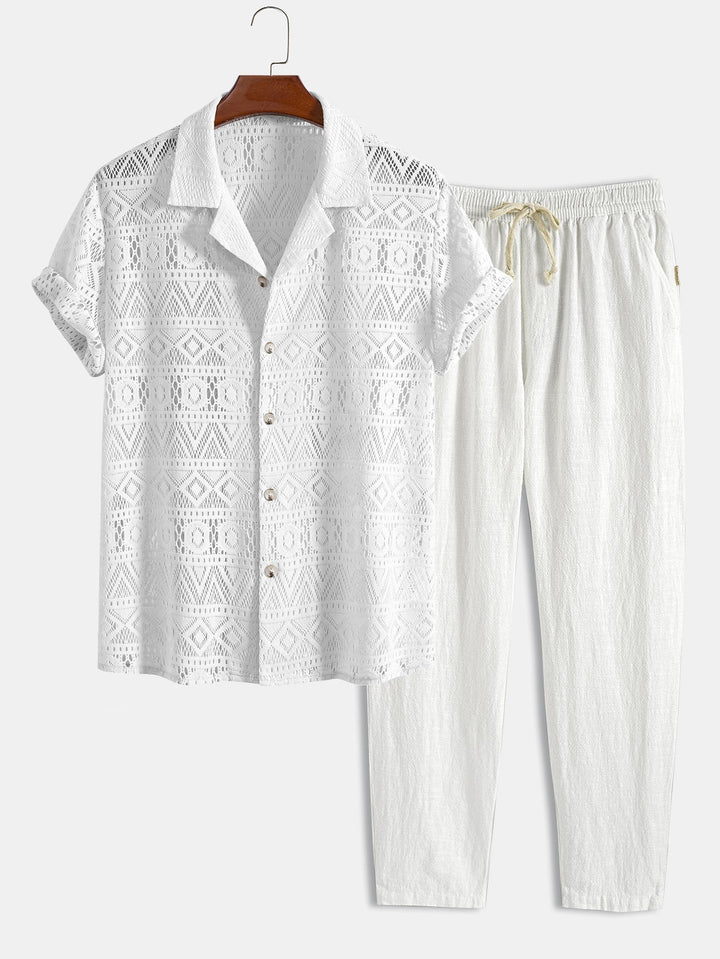 Korte Mouwen Geometrisch Textuur Cuban Shirt & Linnen Katoen Gemengde Cropped Broek