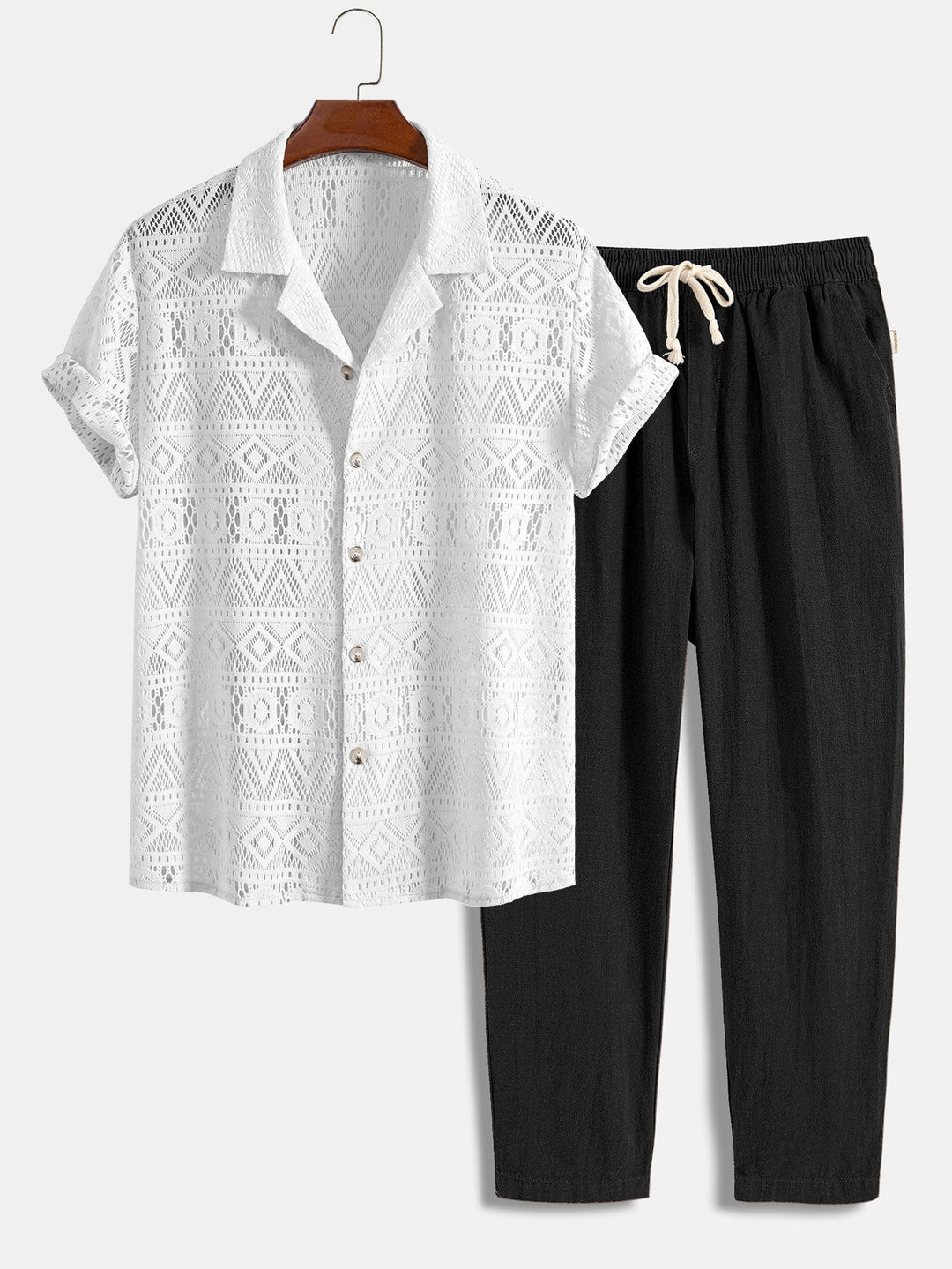 Korte Mouwen Geometrisch Textuur Cuban Shirt & Linnen Katoen Gemengde Cropped Broek