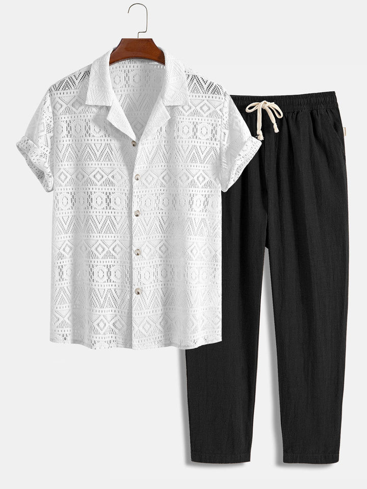 Korte Mouwen Geometrisch Textuur Cuban Shirt & Linnen Katoen Gemengde Cropped Broek