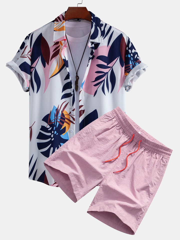 Leaf Kleur Blokprint Overhemd met Knopen & Zwemshort