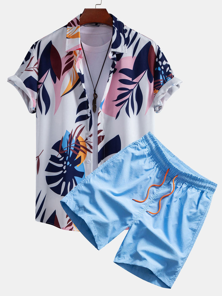 Leaf Kleur Blokprint Overhemd met Knopen & Zwemshort