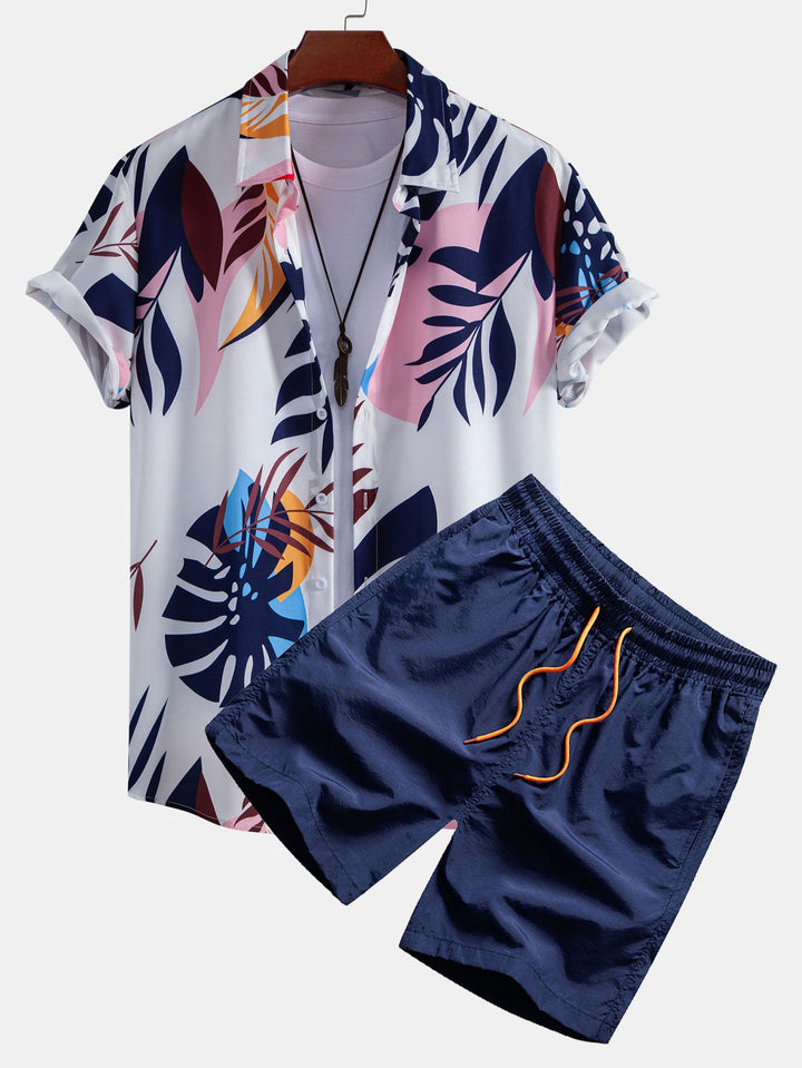Leaf Kleur Blokprint Overhemd met Knopen & Zwemshort
