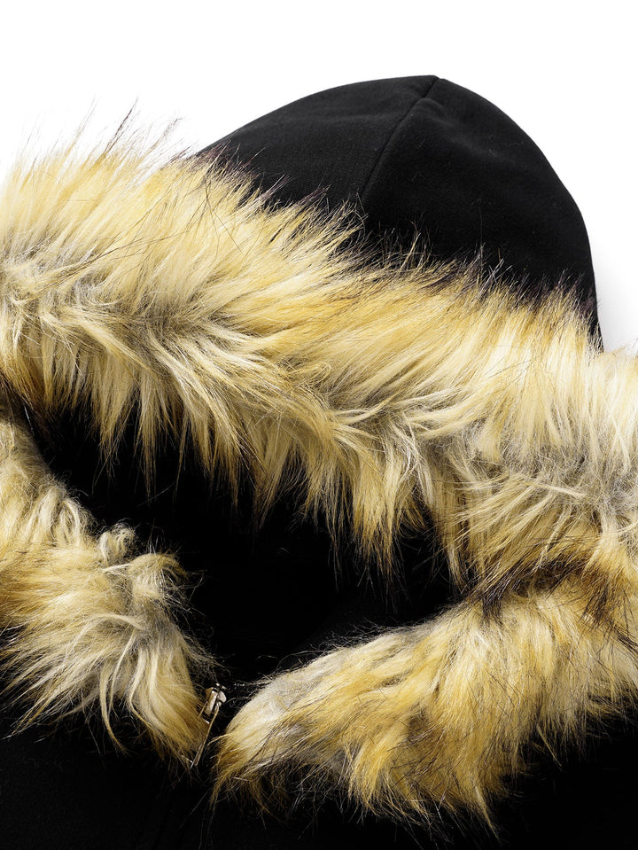 Relaxed fit faux fur collar zipper hoodie