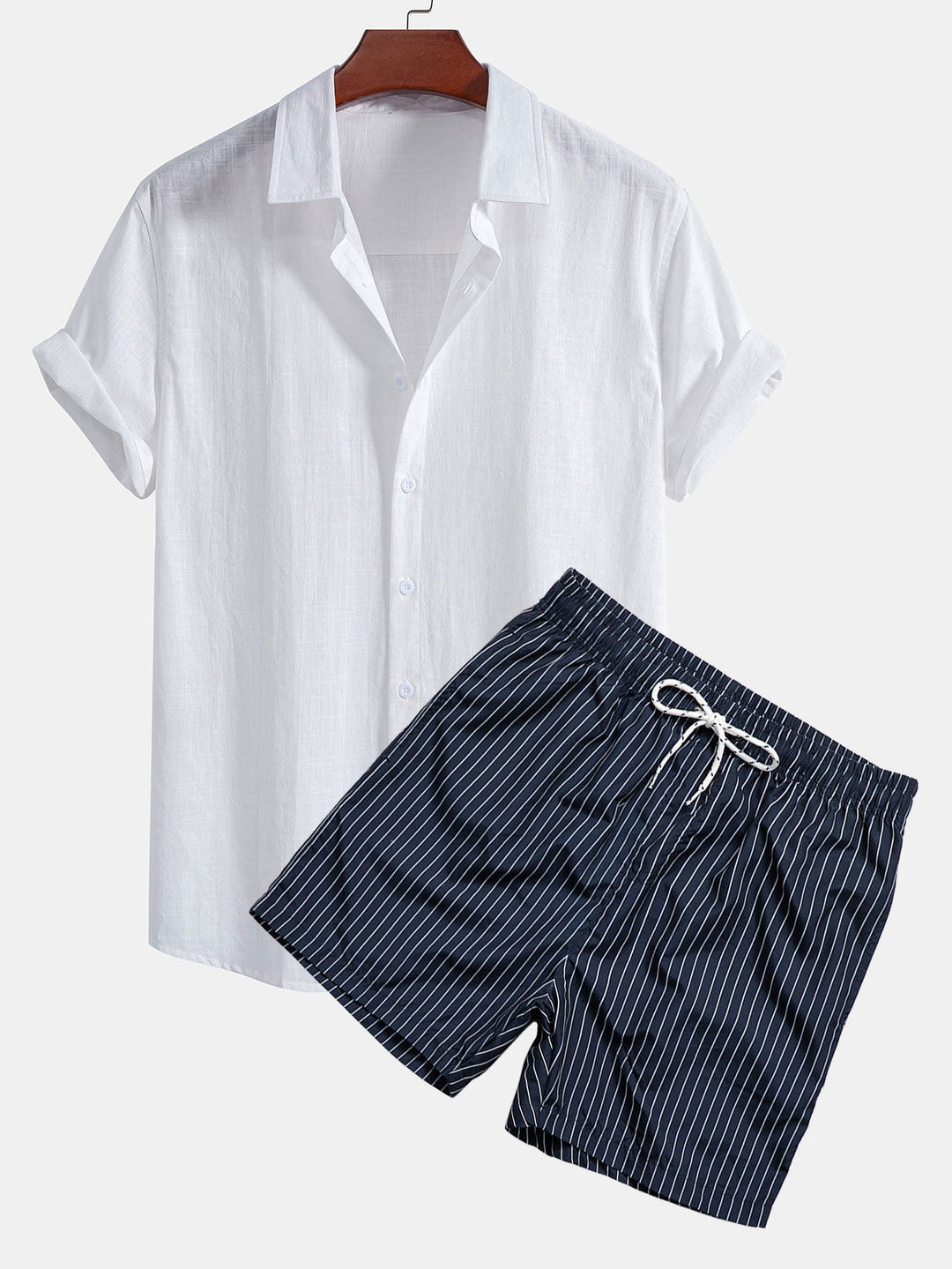 Linnen Look Katoenen Overhemd met Knopen & Gestreepte Zwemshorts