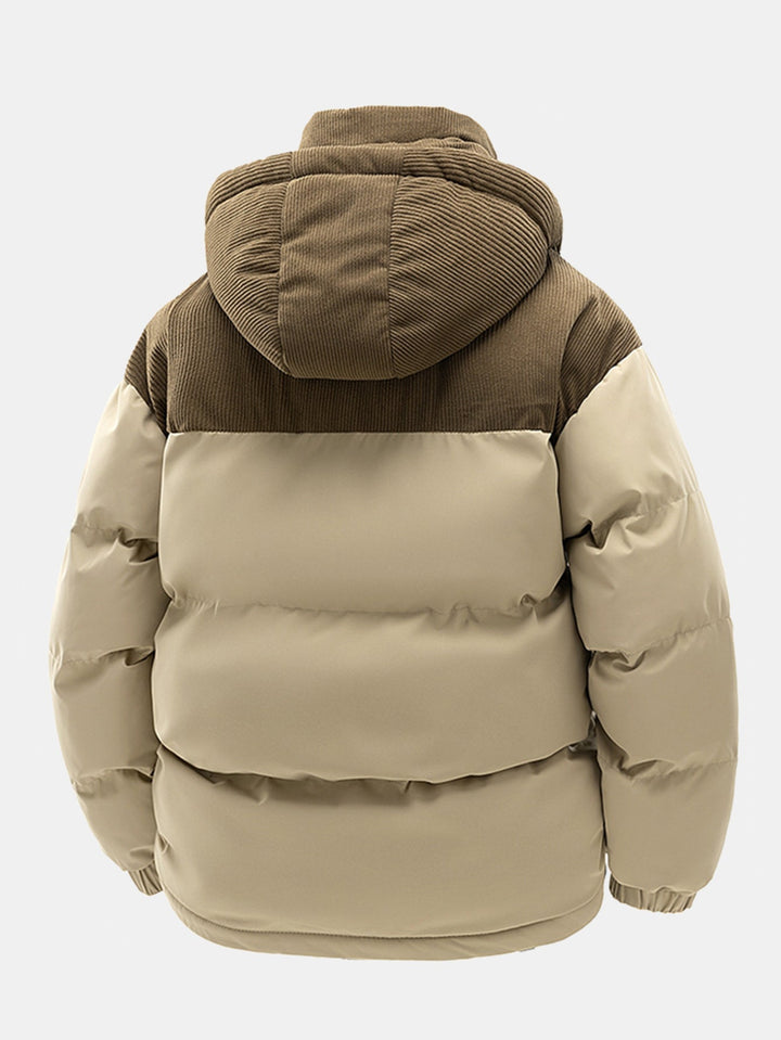 Corduroy patchwork quilted jacket with hood