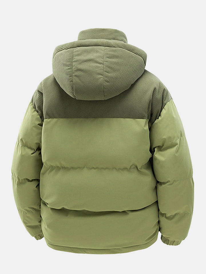 Corduroy patchwork quilted jacket with hood