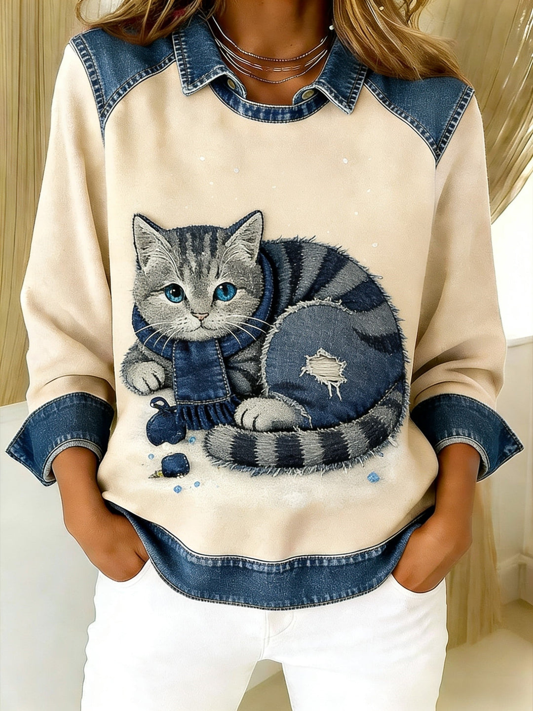 Lady l Retro Cat Denim Patchwork Sweatshirt