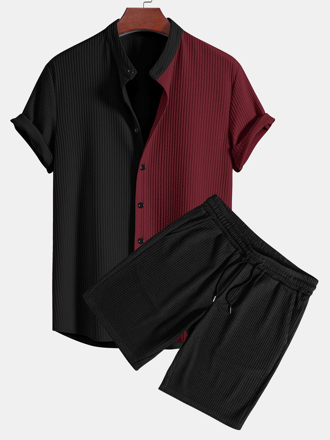 Twee Kleur Spier Fit Geribbelde Staande Kraag Shirt & Shorts