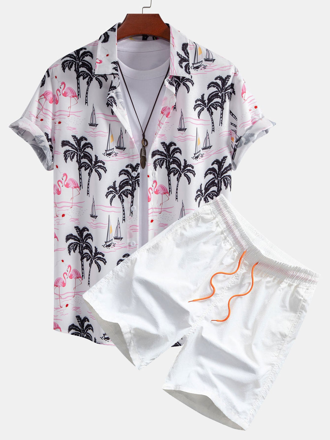 Palm Tree Flamingo Print Knop-Up Shirt & Zwemshorts