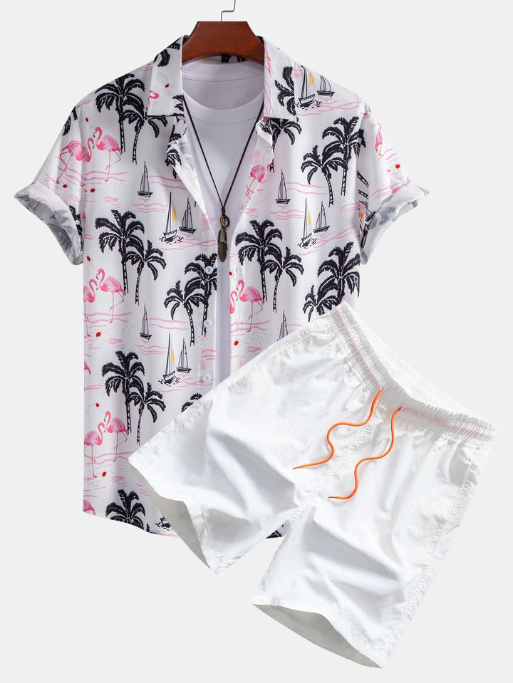 Palm Tree Flamingo Print Knop-Up Shirt & Zwemshorts