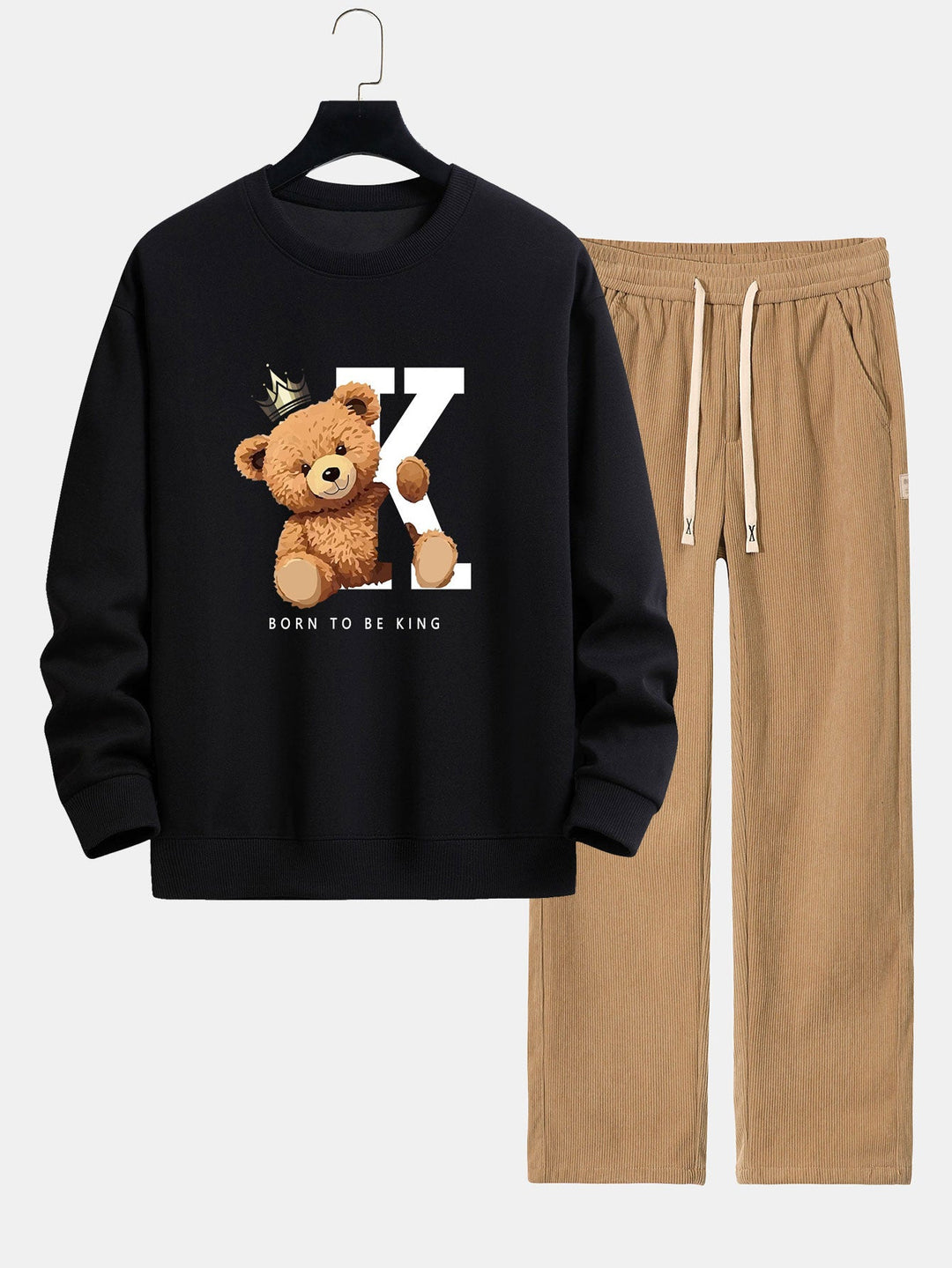 Crown King Bear Print Relax Fit Sweatshirt & Rechte Pijpen Corduroy Broek