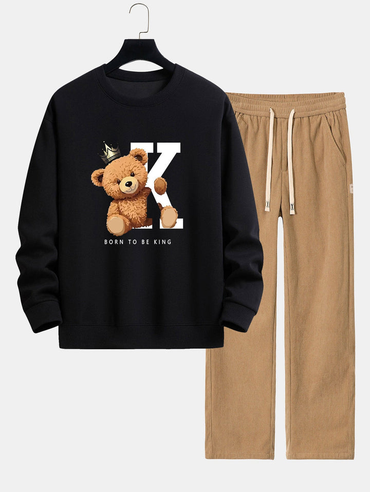 Crown King Bear Print Relax Fit Sweatshirt & Rechte Pijpen Corduroy Broek
