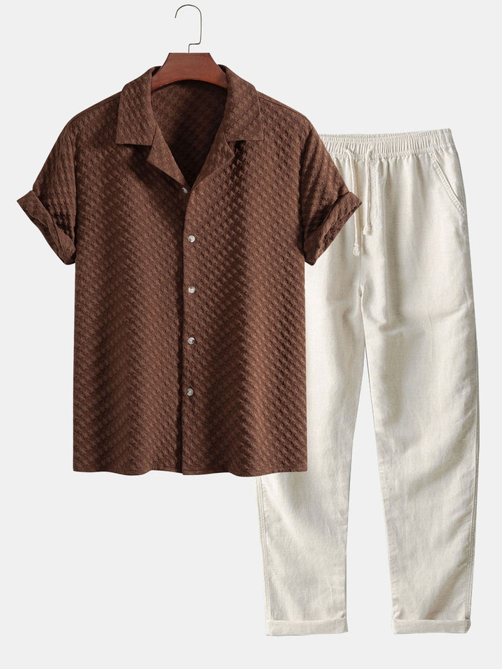 Houndstooth Jacquard Cubaanse Shirt & Rechte Linnen Broek