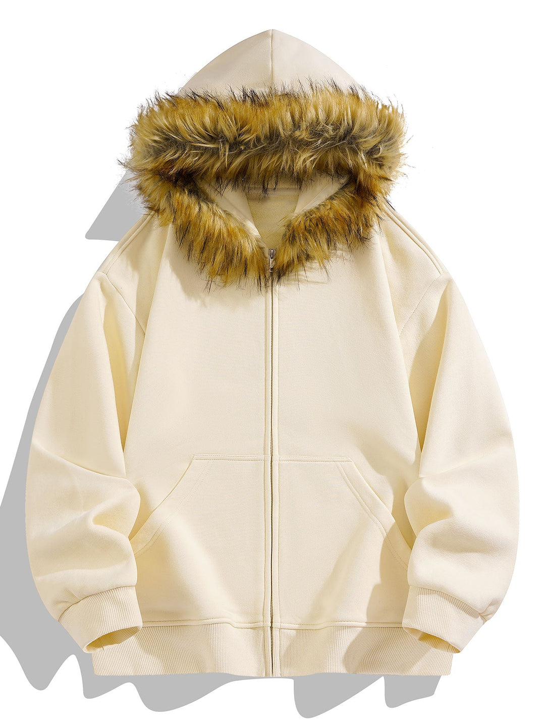 Relaxed fit faux fur collar zipper hoodie