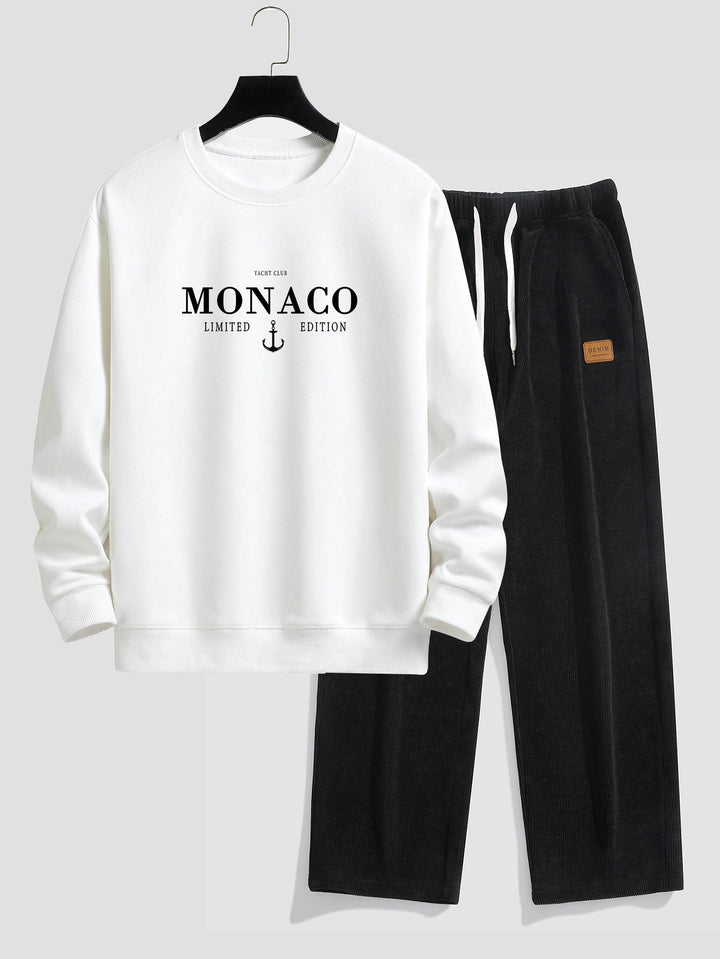 Monaco Slogan Print Relax Fit Sweatshirt & Rechte Pijpen Corduroy Broek