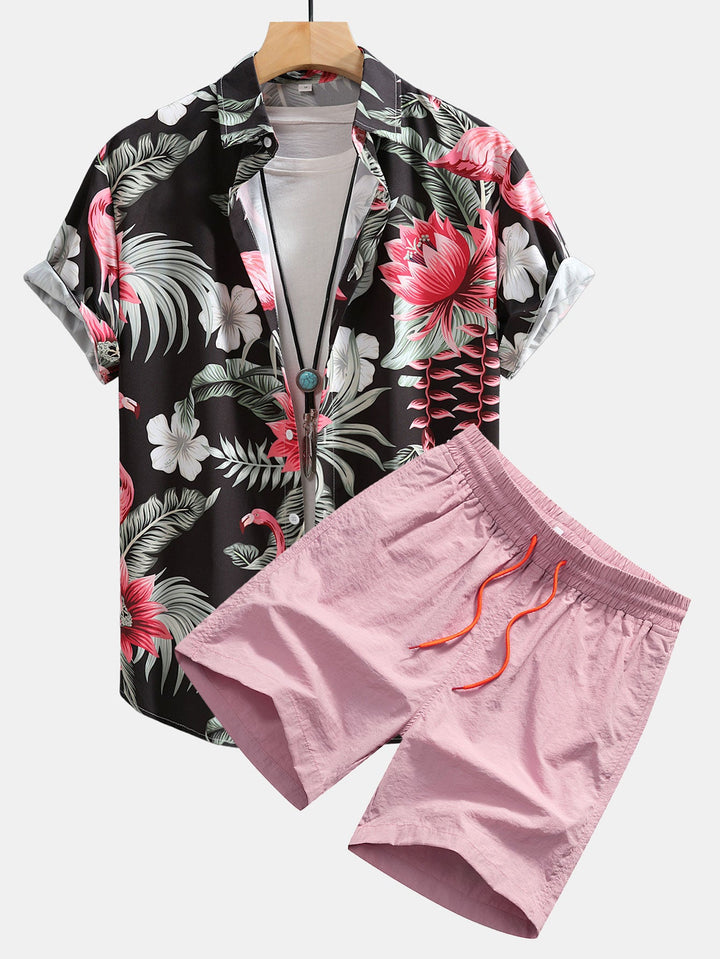 Flamingo Bloemprint Overhemd met Knopen & Zwemshorts