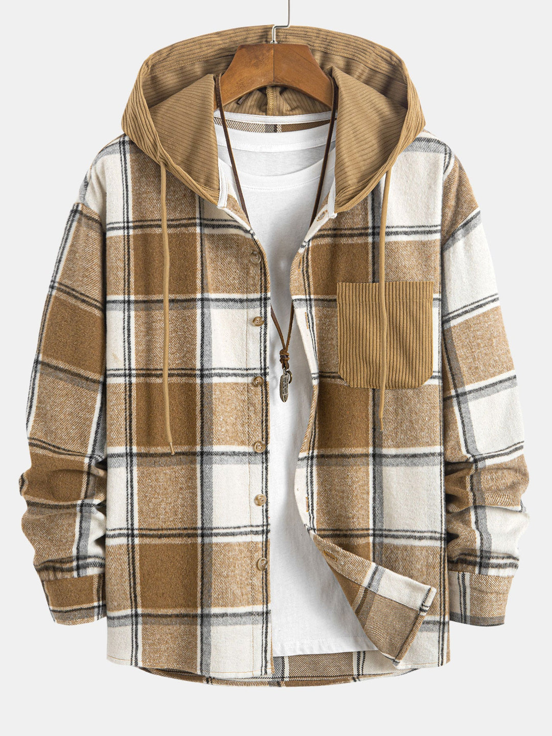Relax Fit Contrast Corduroy Geruite Hoodie Shirt