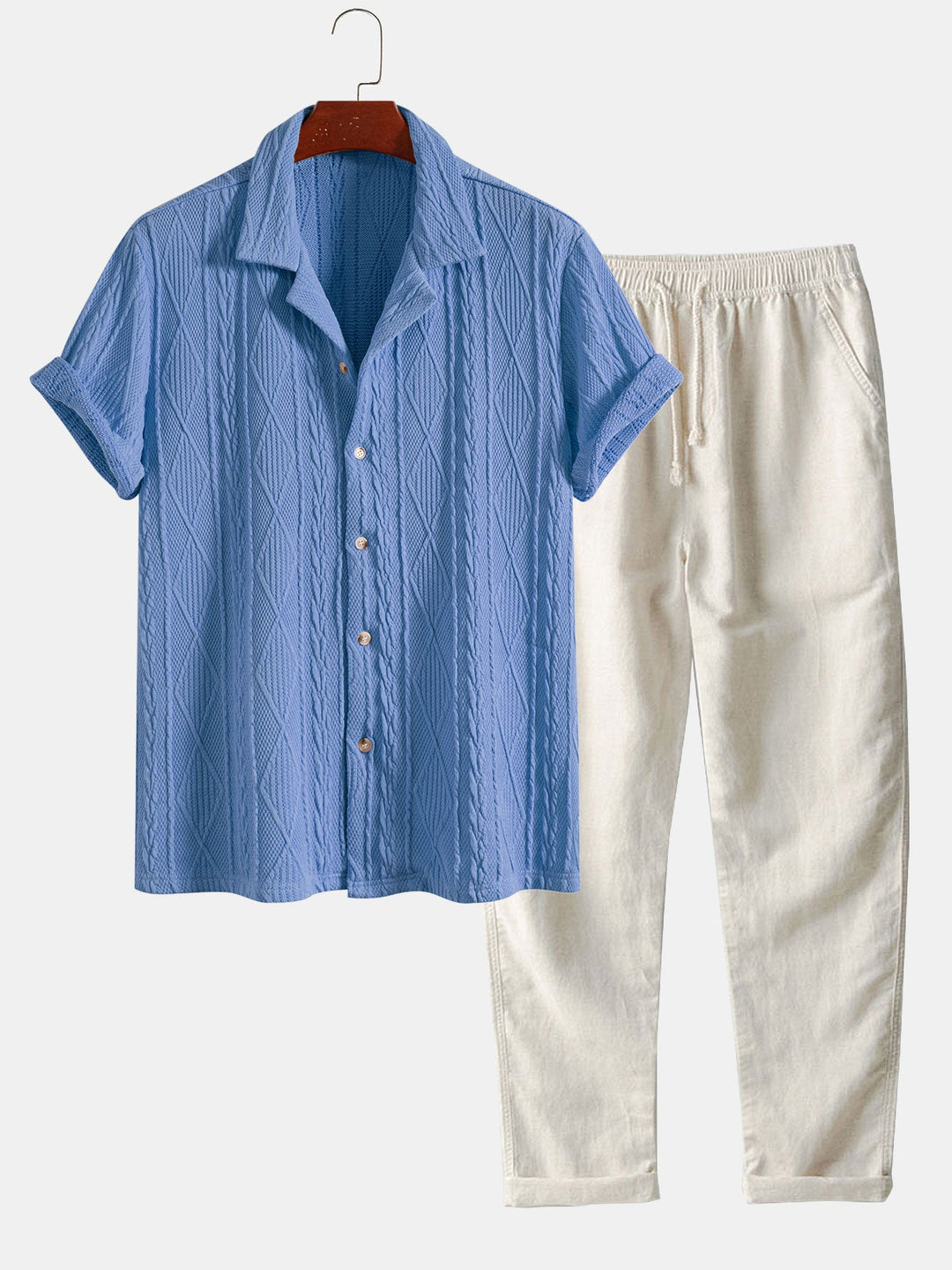 Gebreide Geometrische Textuur Cubaanse Shirt & Rechte Linnen Broek