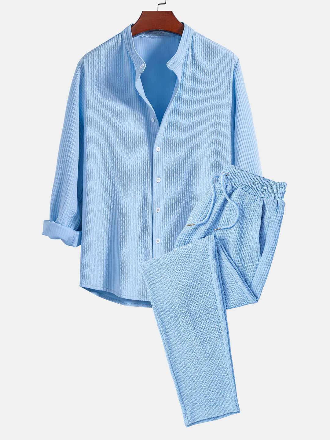 Langemouw Muscle Fit Ribbel Kraag Shirt & Rechte Pijpen Ribbel Broek