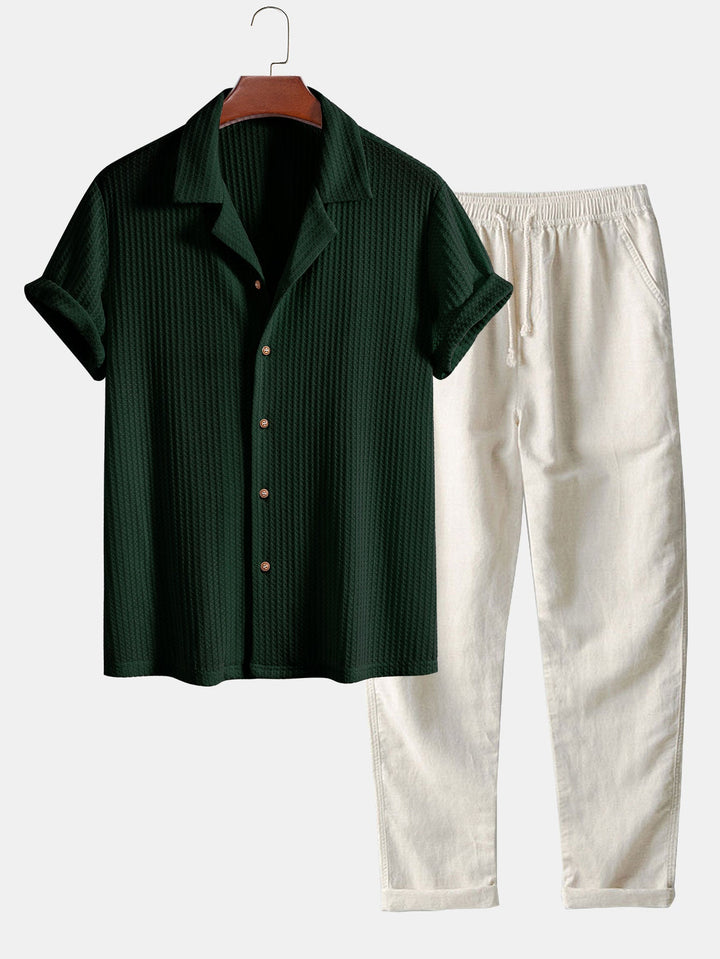 Korte Mouwen Gebreide Wafel Cubaanse Shirt & Rechte Linnen Broek