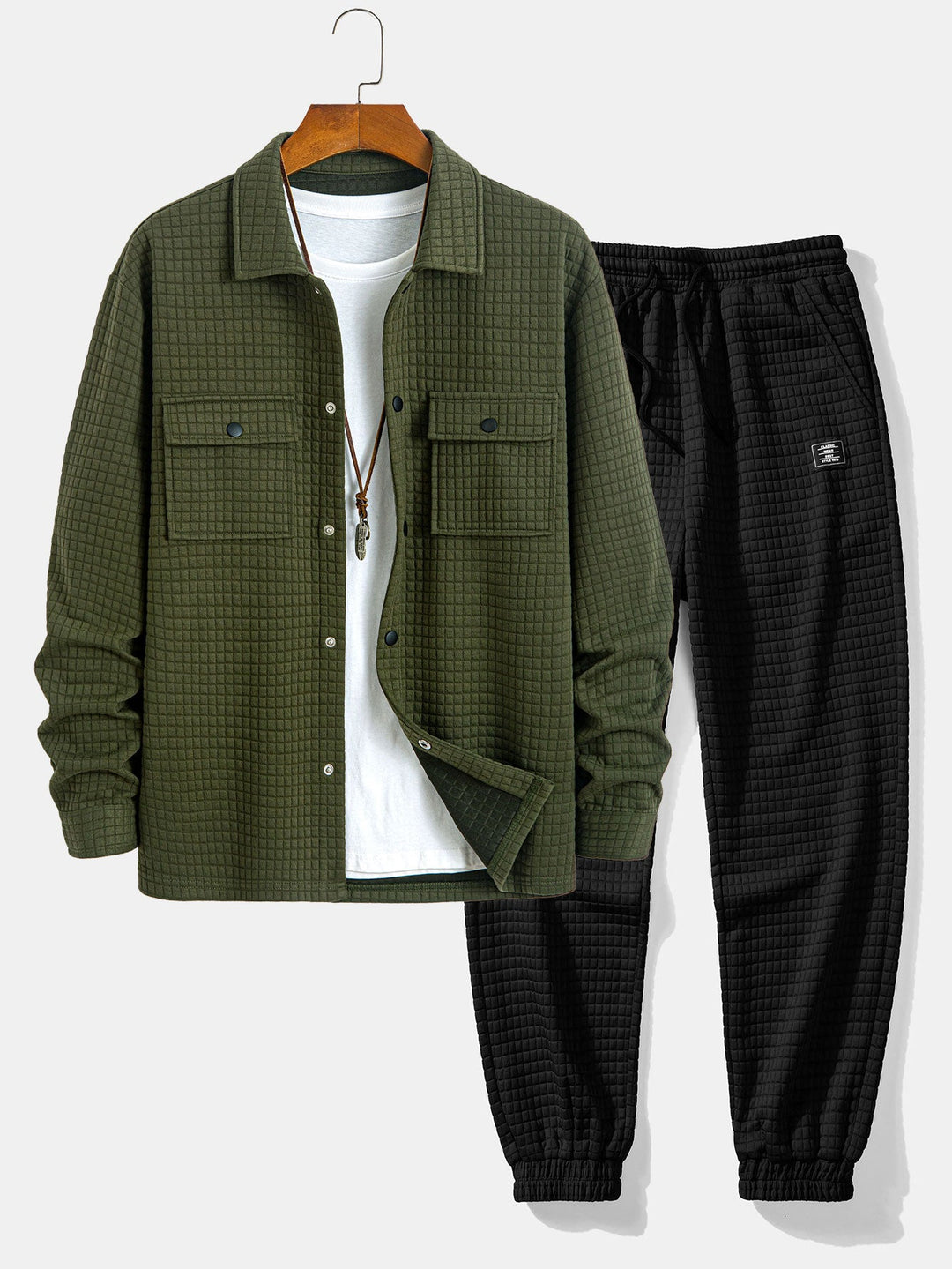 Gequilted Waffle Jacquard Overshirt & Trekkoord Waffle Joggingbroek