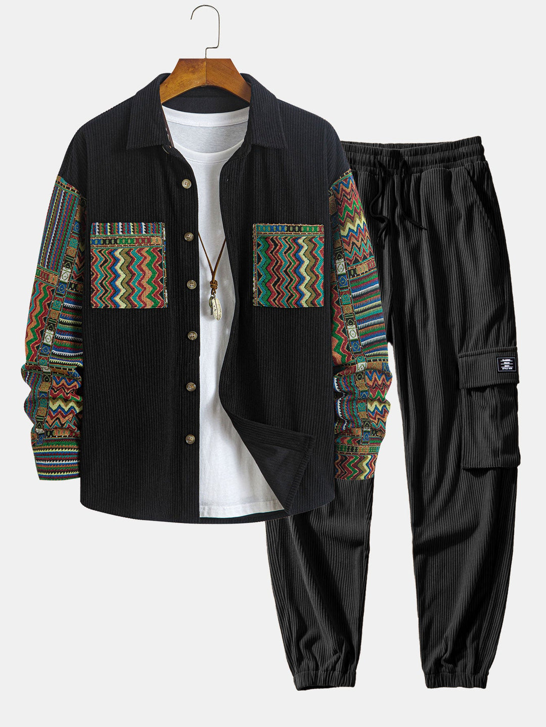 Relax Fit Etnische Geometrische Corduroy Patchwork Shirt # Willekeurig Patroon Ontwerp # & Trekkoord Corduroy Cargo Jogger Broek