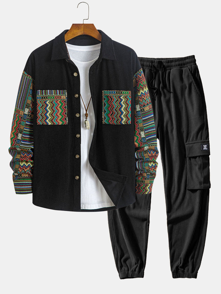 Relax Fit Etnische Geometrische Corduroy Patchwork Shirt # Willekeurig Patroon Ontwerp # & Trekkoord Corduroy Cargo Jogger Broek