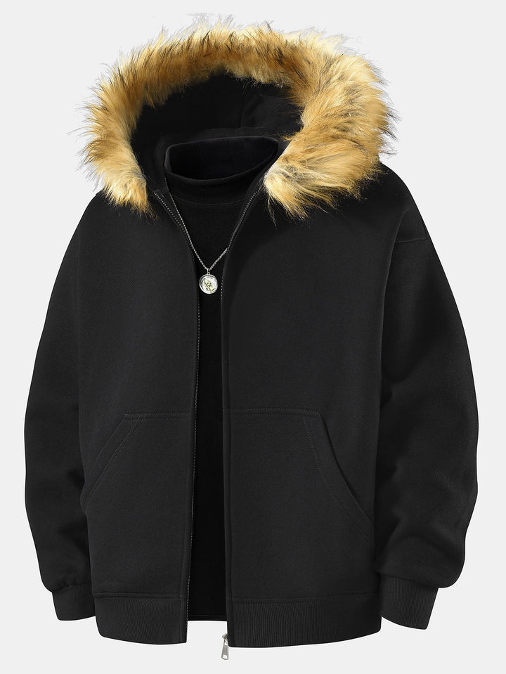 Relaxed faux fur collar zip-up hoodie