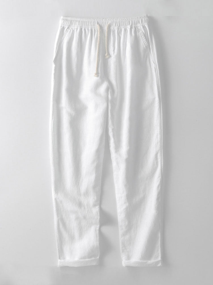 Korte Mouw Half Knop Vlieg Henley Kraag Shirt & Rechte Pijpen Linnen Broek