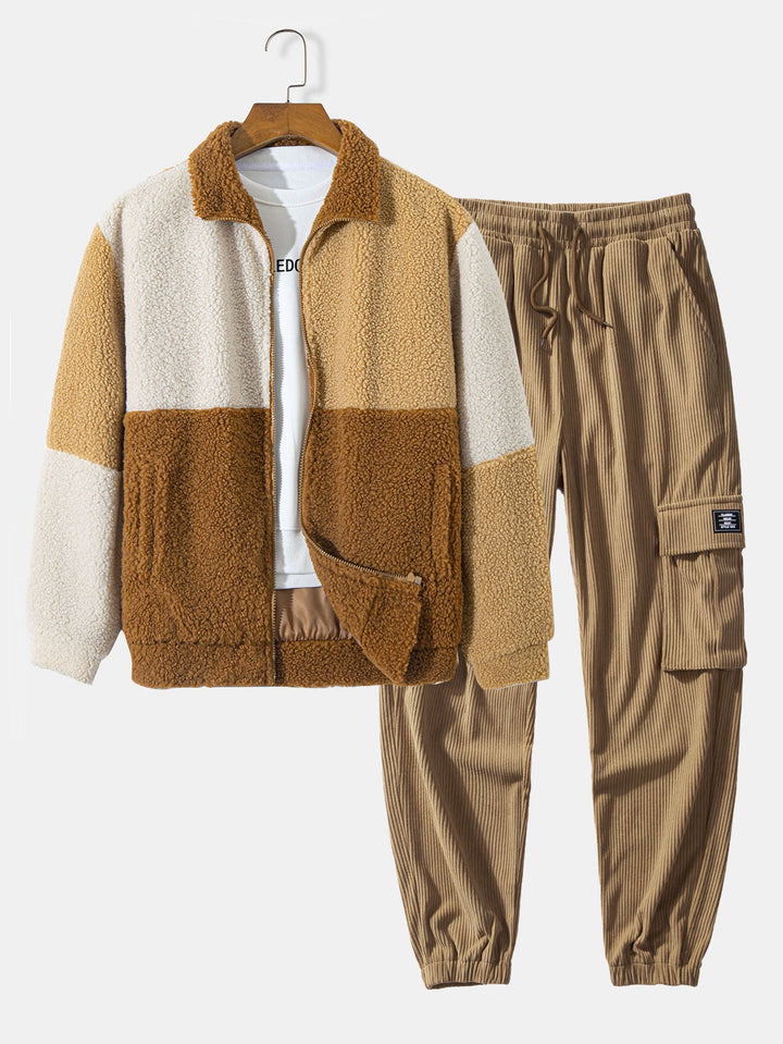 Kleur Blok Teddy Fleece Jas & Trekkoord Corduroy Cargo Joggingbroek