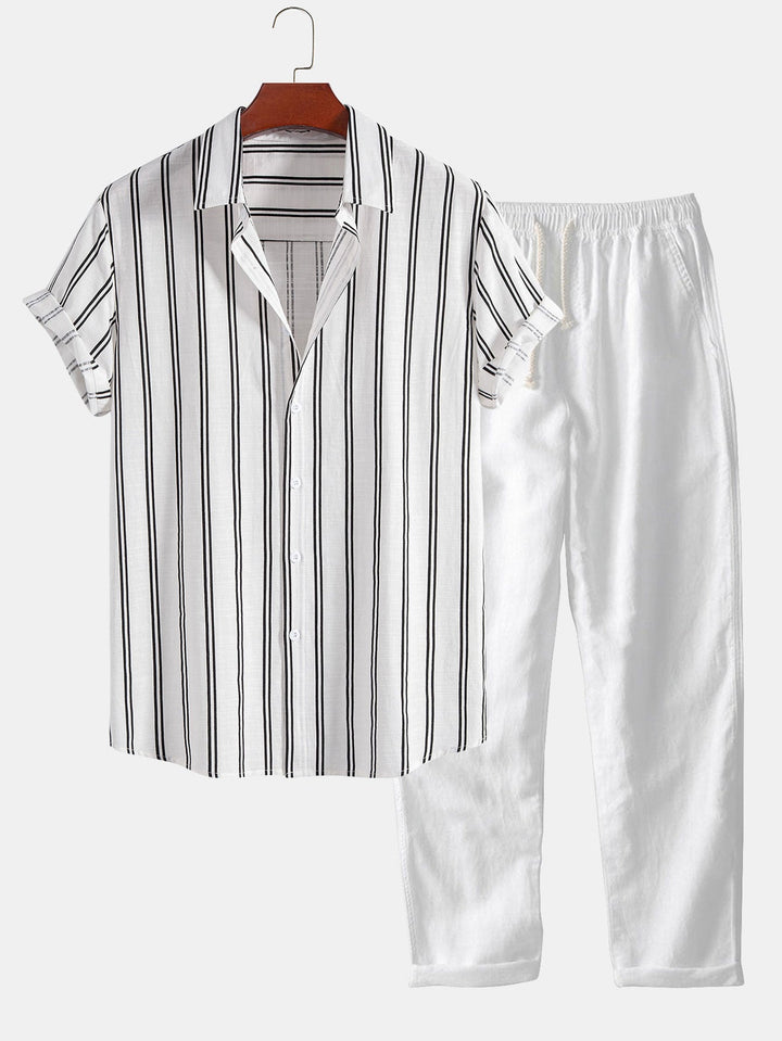 Linnen Look Gestreepte Overhemd met Knopen & Rechte Linnen Broek