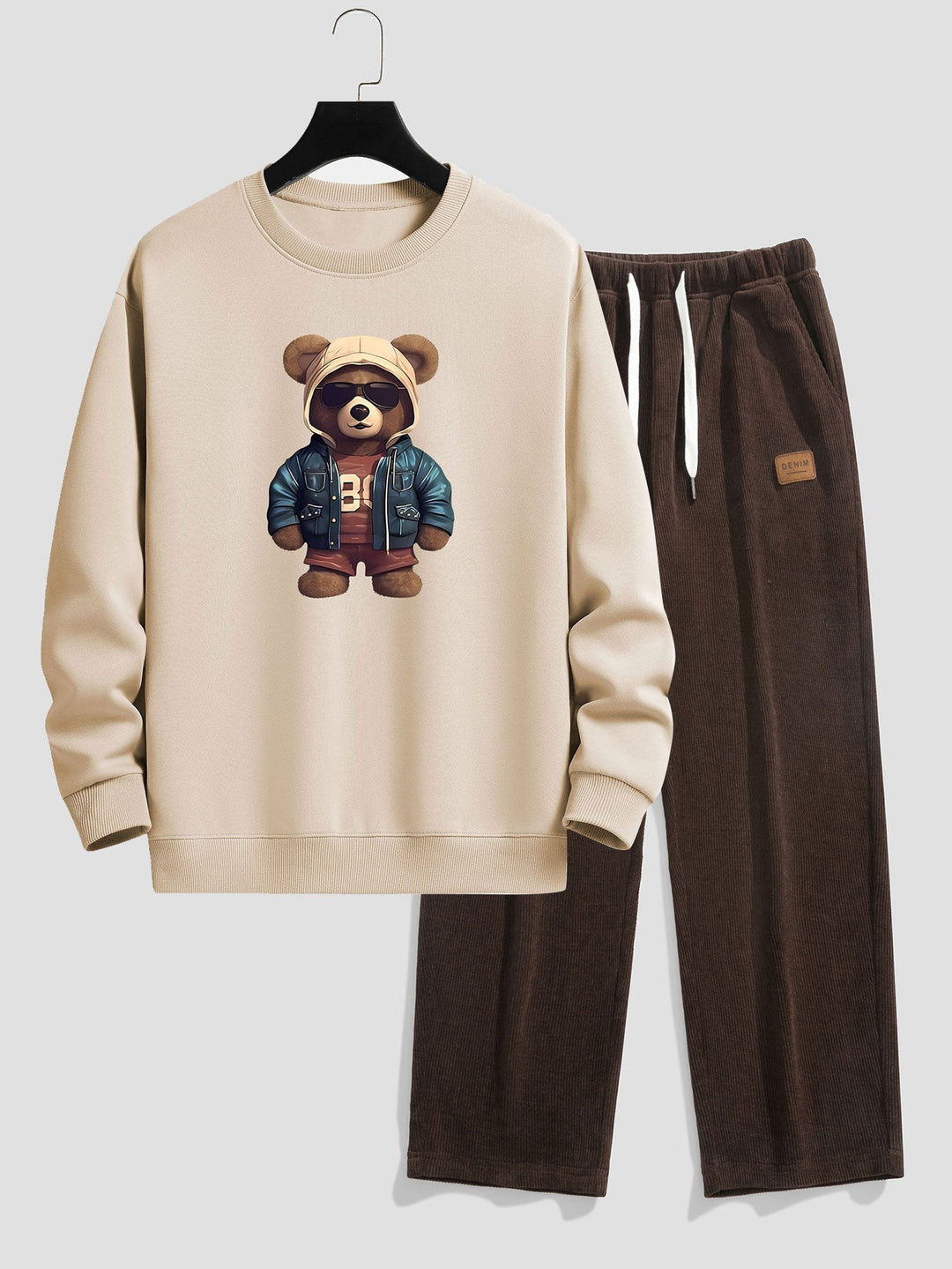 Berenprint in leren jas Relax Fit sweatshirt & rechte corduroy broek