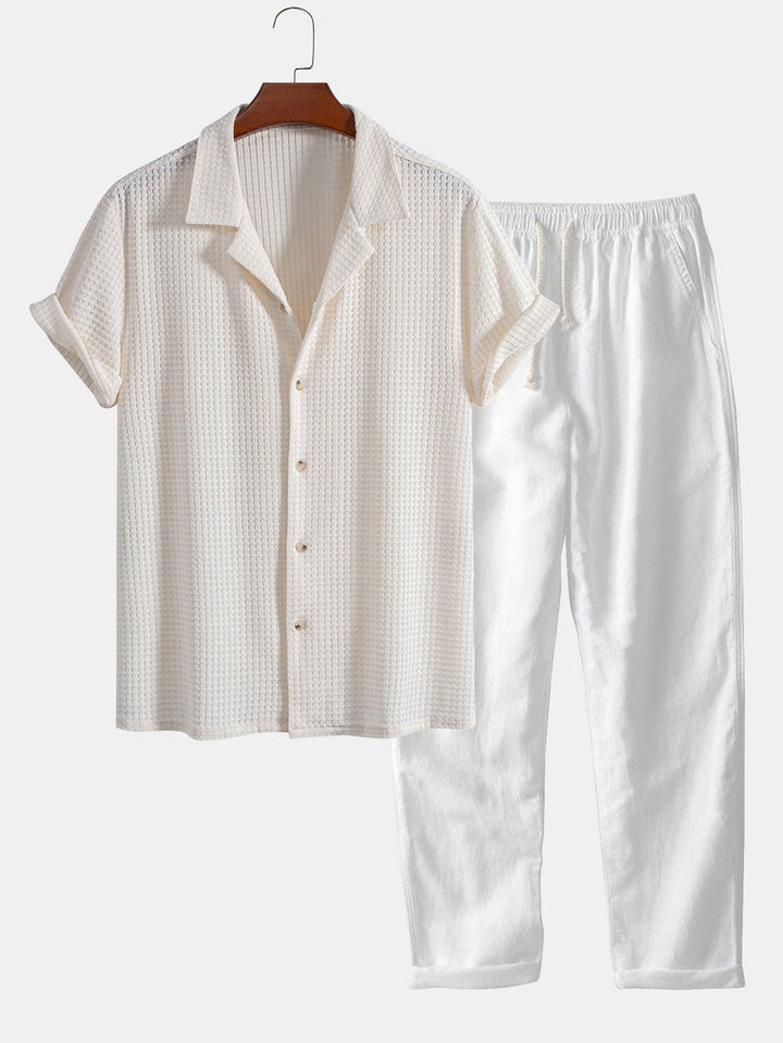 Korte Mouwen Wafel Cubaanse Shirt & Rechte Pijpen Linnen Broek