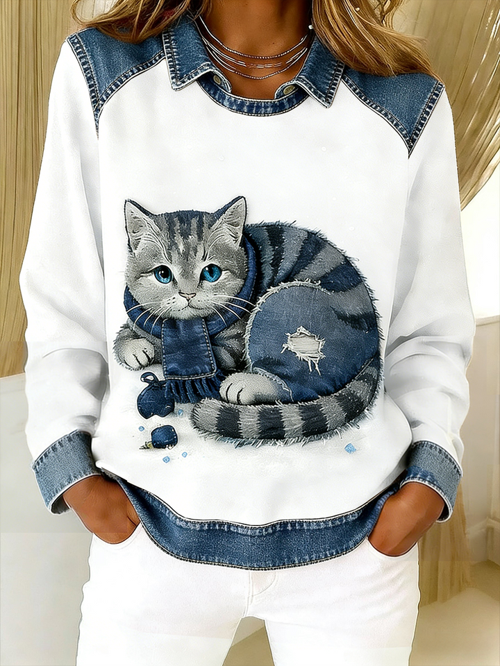 Lady l Retro Cat Denim Patchwork Sweatshirt