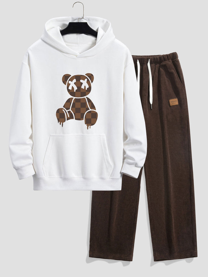 Geruite Oplosbare Beerprint Relax Fit Hoodie & Rechte Pijpen Corduroy Broek