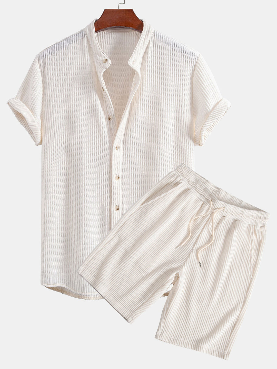 Wafel Stand Kraag Shirt & Trekkoord Wafel Shorts